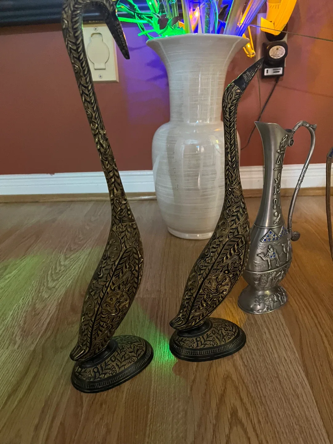 Vintage Decorative Metal Pitcher & Swan Figurines