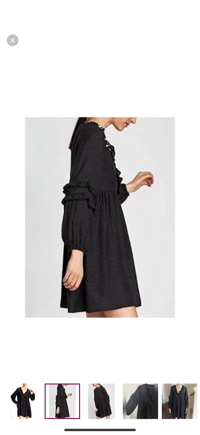 Zara Pearl Black Dress Ruffles Balloon Sleeves Slouchy Dress image indicator(2)