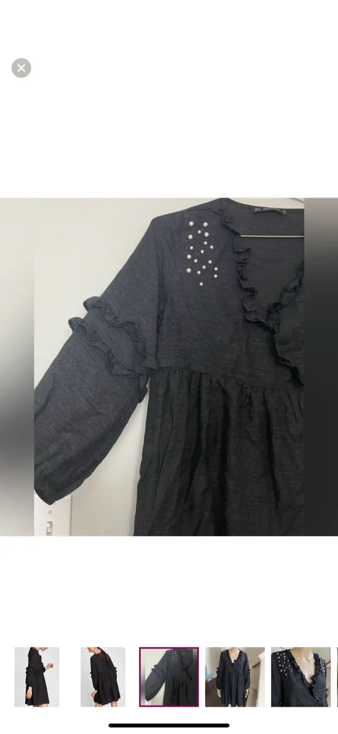 Zara Pearl Black Dress Ruffles Balloon Sleeves Slouchy Dress image indicator(4)