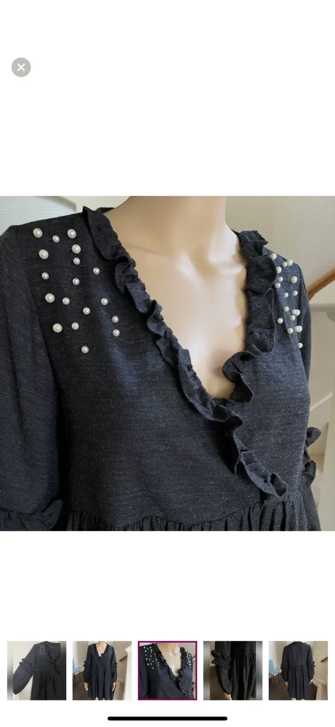 Zara Pearl Black Dress Ruffles Balloon Sleeves Slouchy Dress image indicator(6)