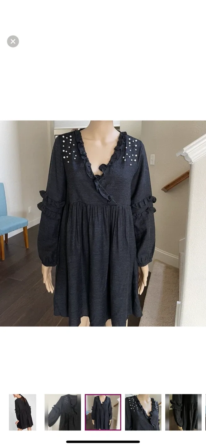 Zara Pearl Black Dress Ruffles Balloon Sleeves Slouchy Dress image indicator(5)
