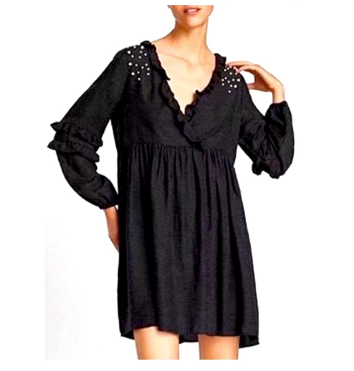 Zara Pearl Black Dress Ruffles Balloon Sleeves Slouchy Dress