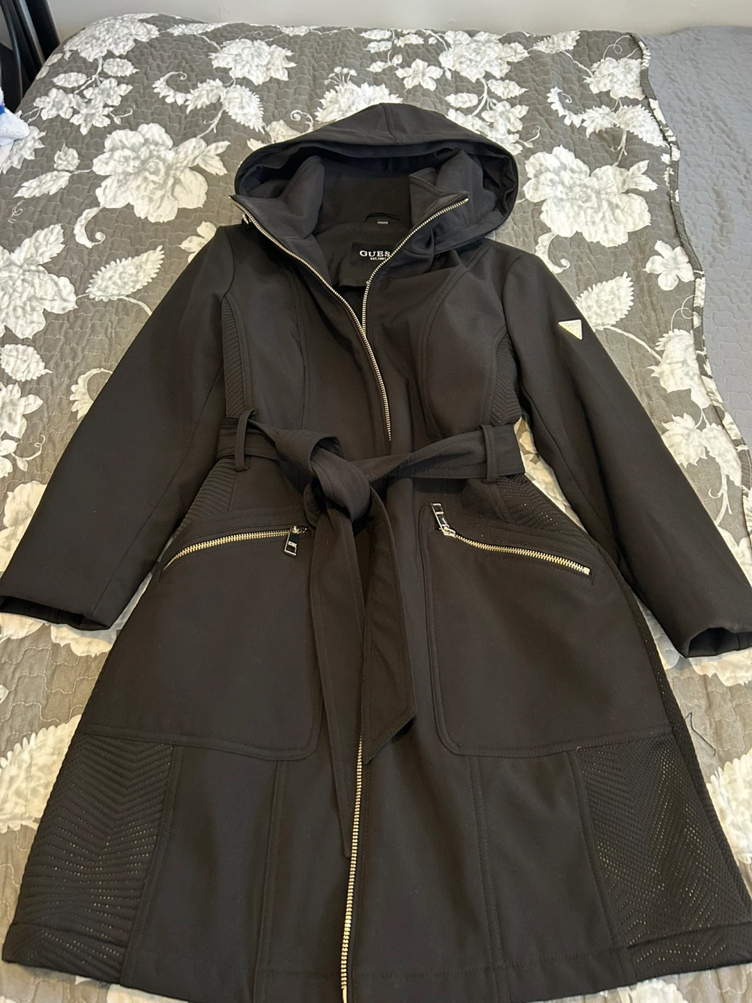 Guess Black Belted Hooded Trench Coat