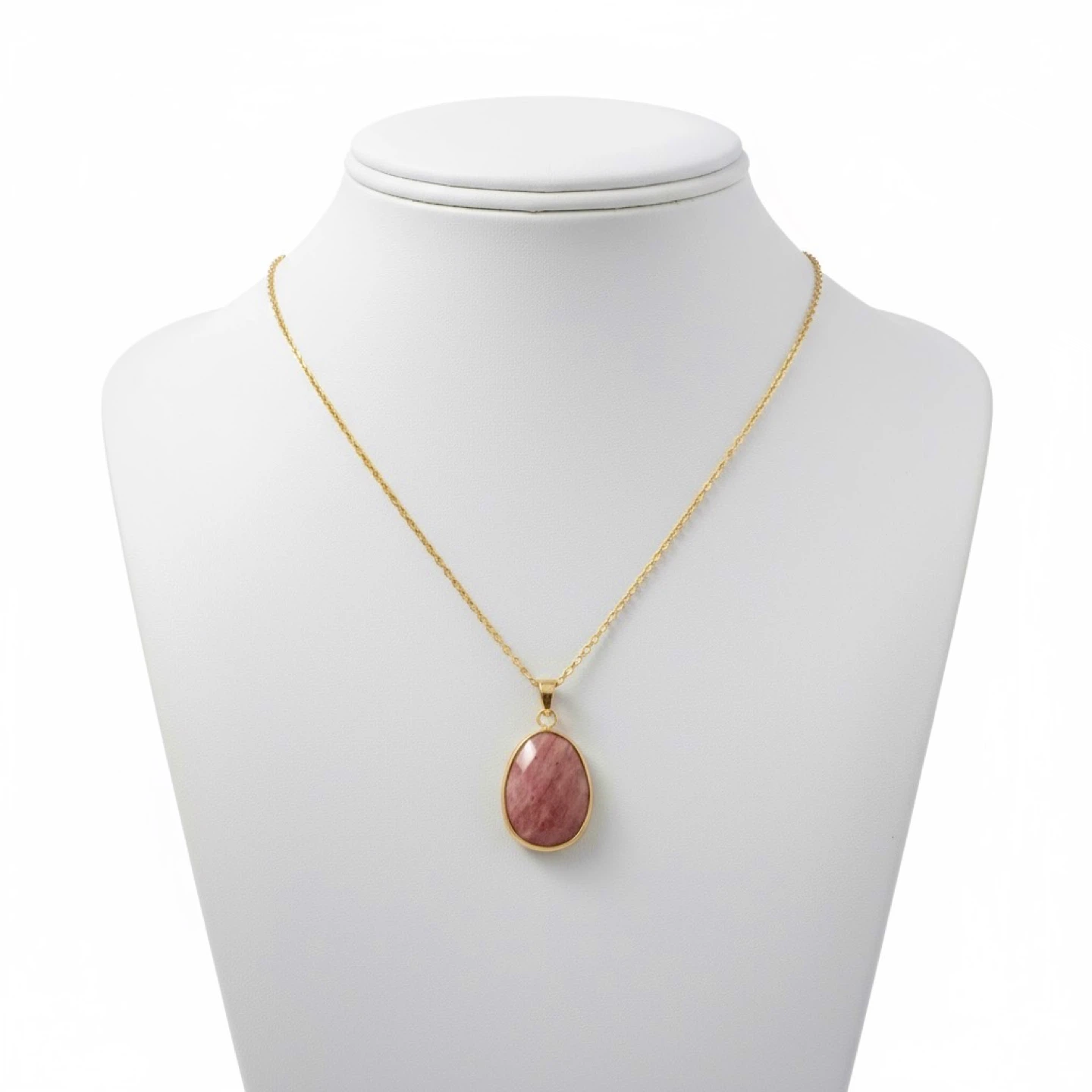 NEW 🧡 Natural Rhodonite Pink Stone Pendant Gold Chain Necklace