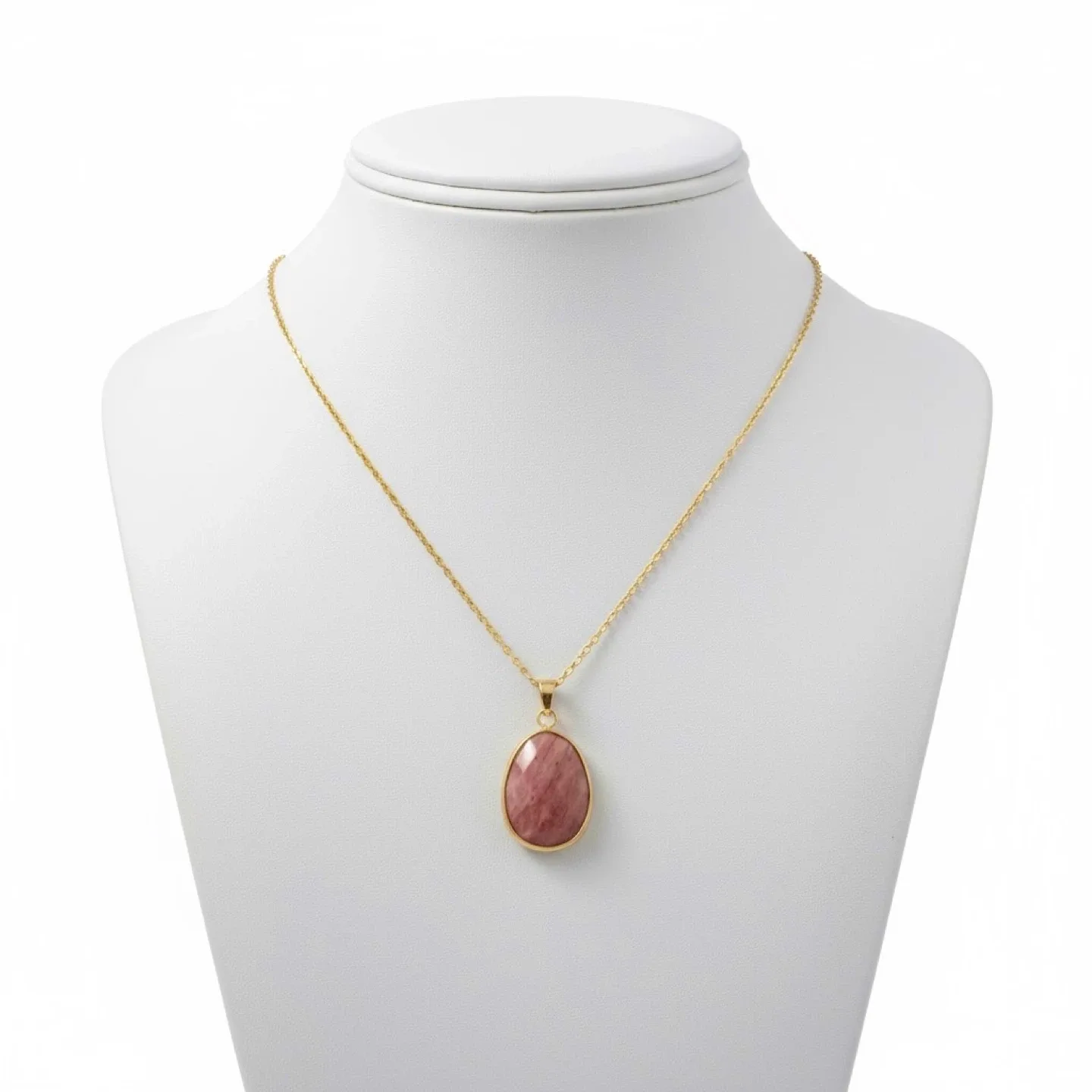 Natural Rhodonite Pink Stone Pendant (Gold Tone Chain Necklace) thumbnail