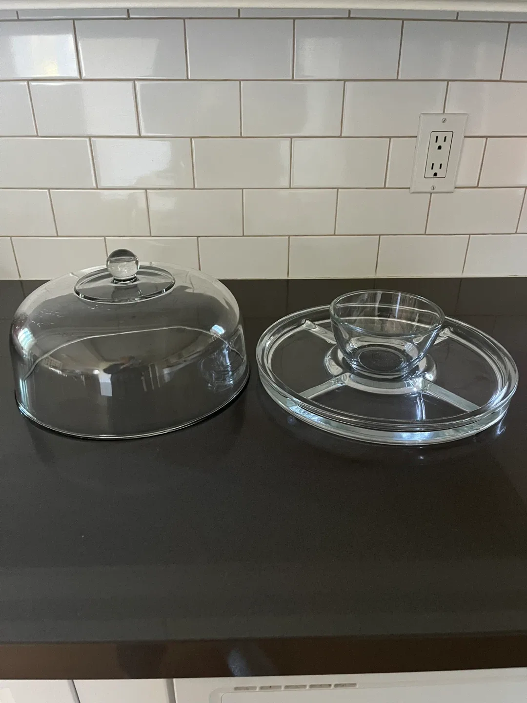 Vintage Clear Glass Reversible Covered Cake stand Vegetable Tray image indicator(3)