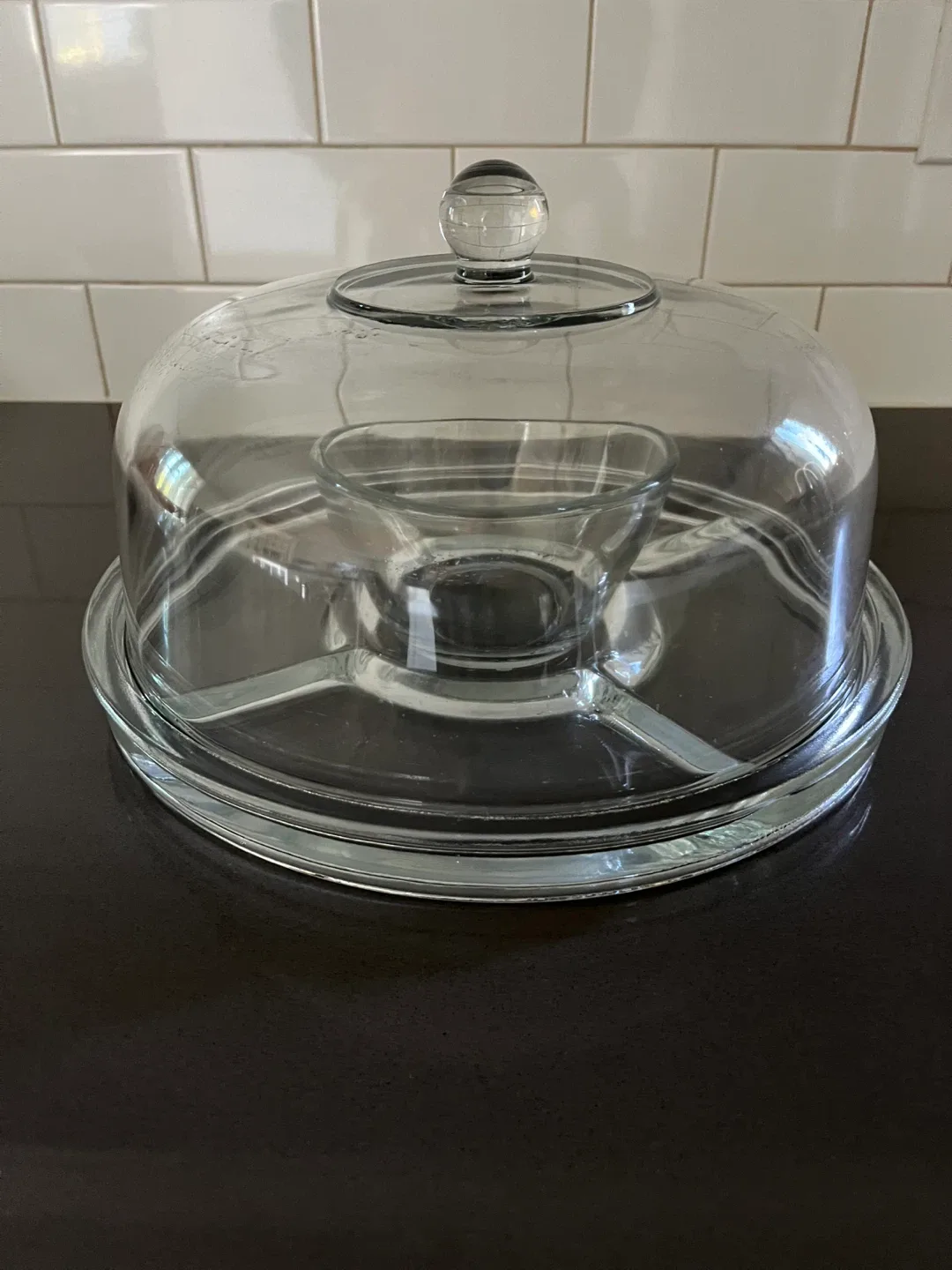 Vintage Clear Glass Reversible Covered Cake stand Vegetable Tray image indicator(2)