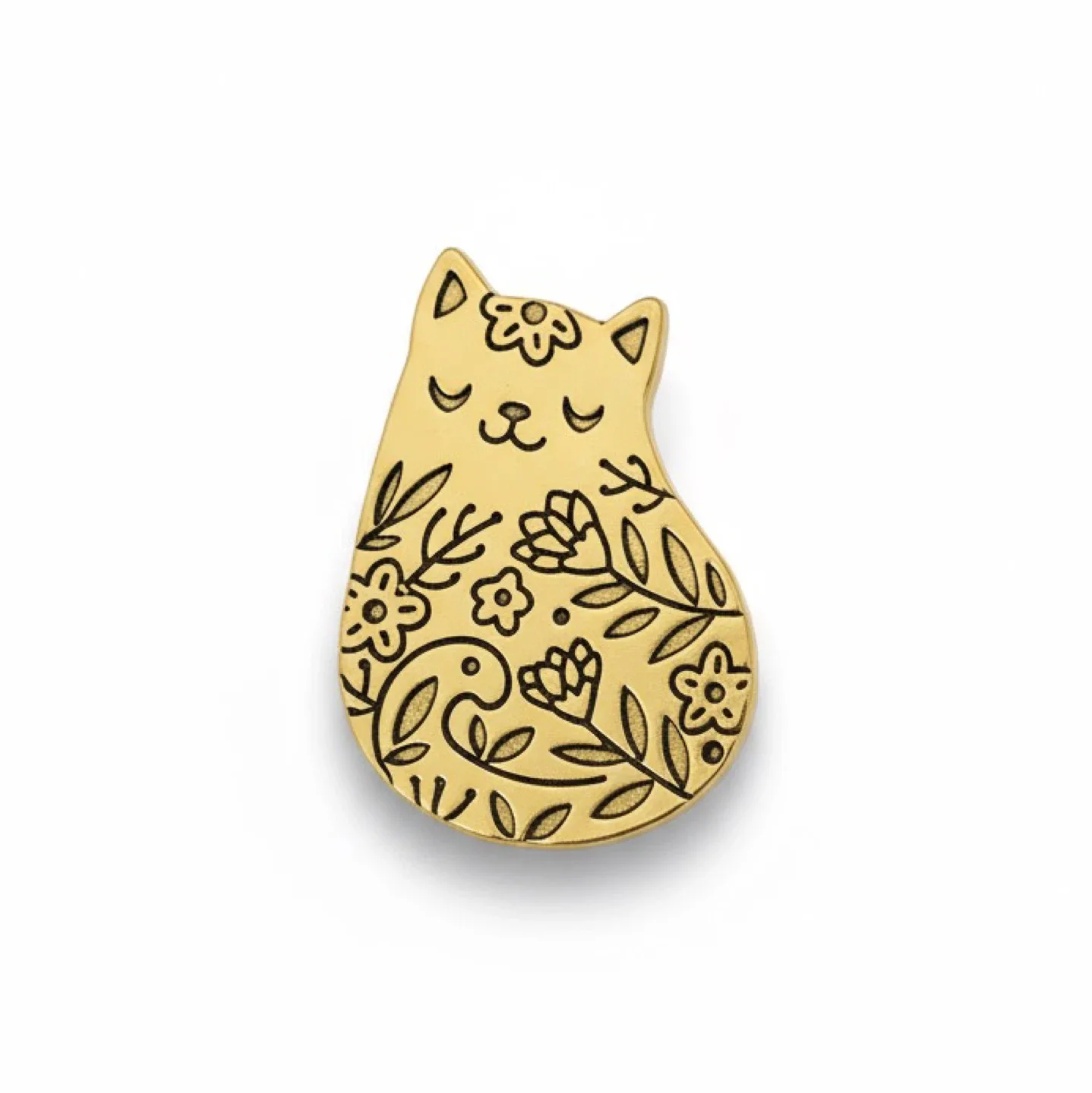 Retro Engraved Floral Chubby Cat Brooch Pin thumbnail