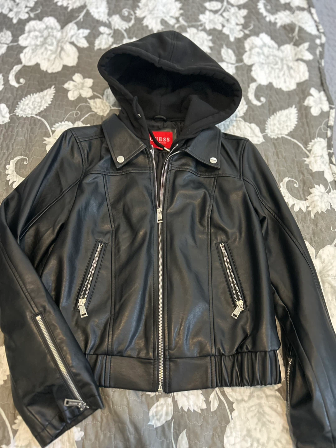 Guess Black Faux Leather Hooded Jacket