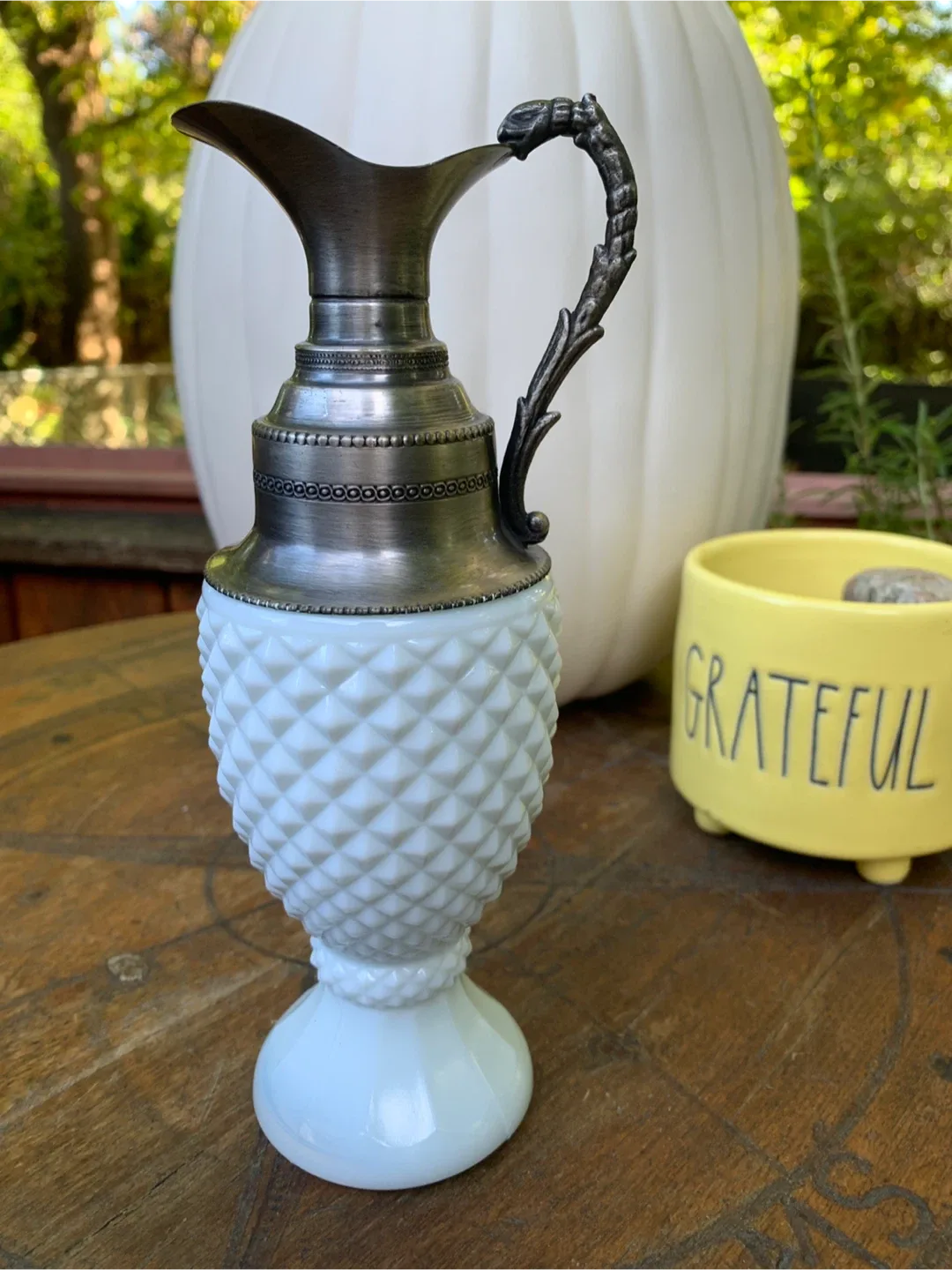 Vintage Milk Glass Pitcher with Metal Handle image indicator(3)