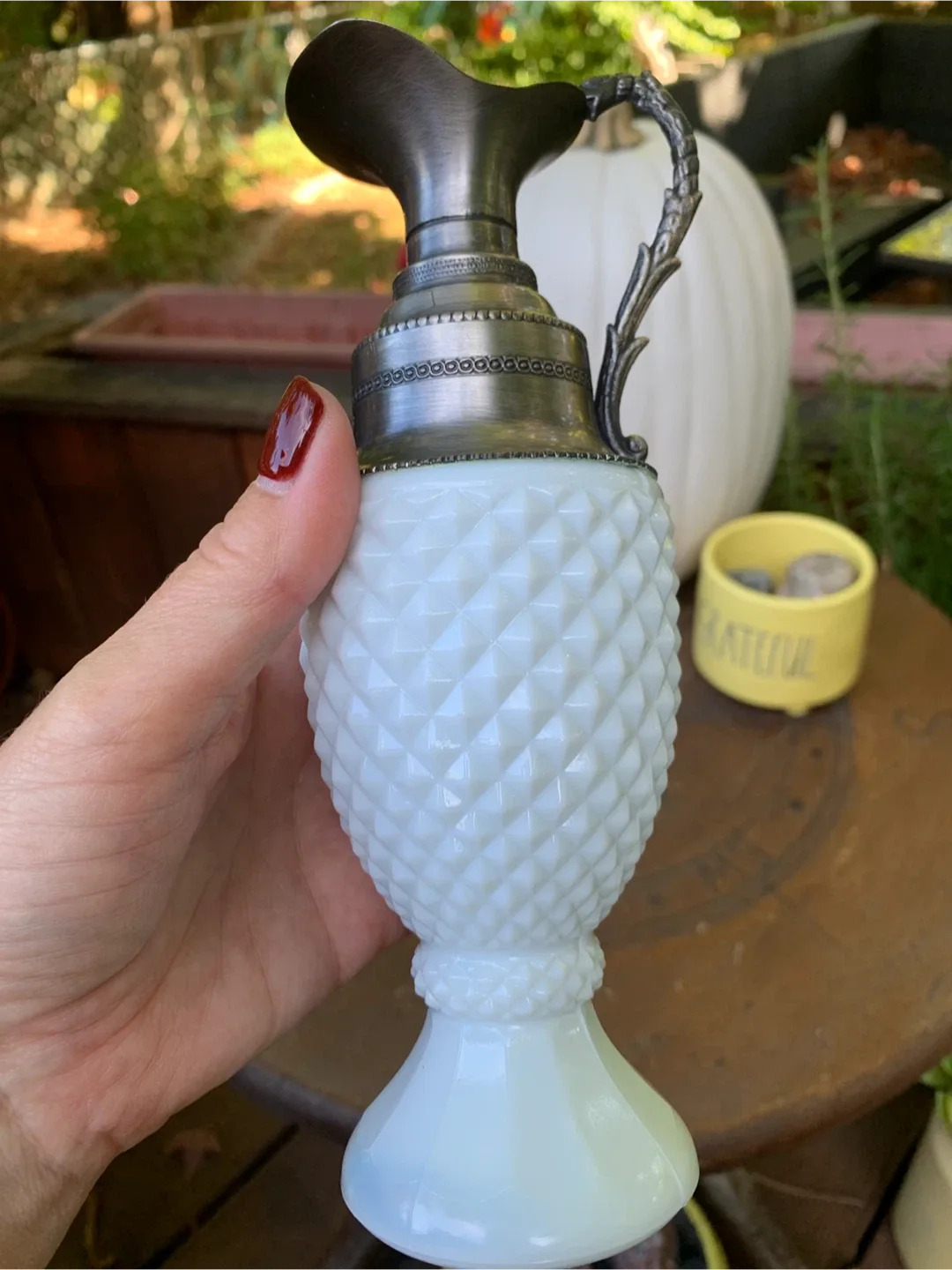 Vintage Milk Glass Pitcher with Metal Handle image indicator(6)