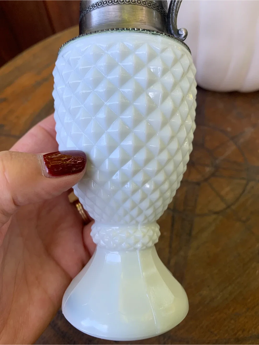 Vintage Milk Glass Pitcher with Metal Handle image indicator(8)