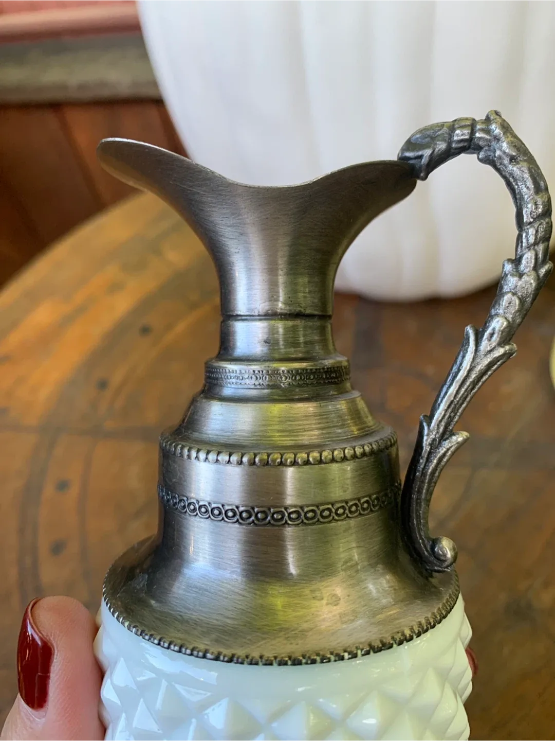 Vintage Milk Glass Pitcher with Metal Handle image indicator(7)