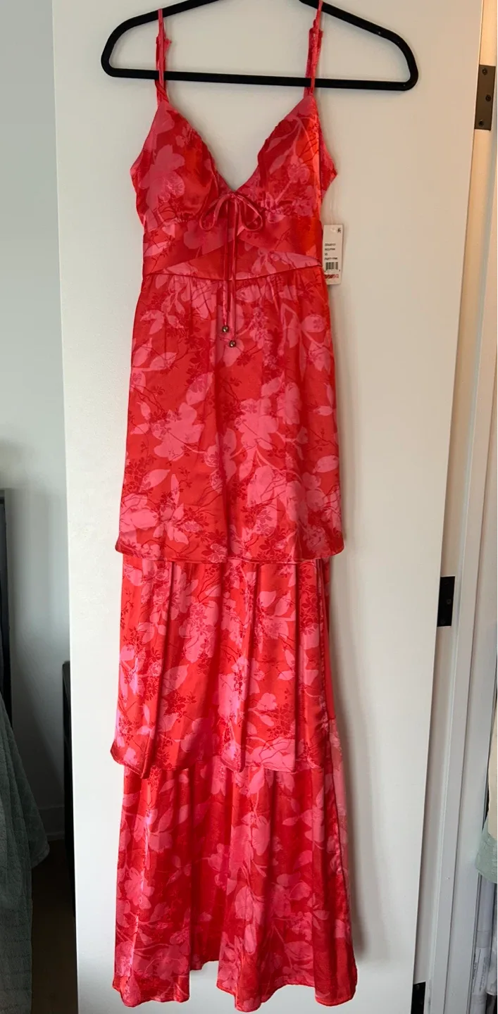 Red/Pink Floral Tiered Maxi Dress - Size XS thumbnail