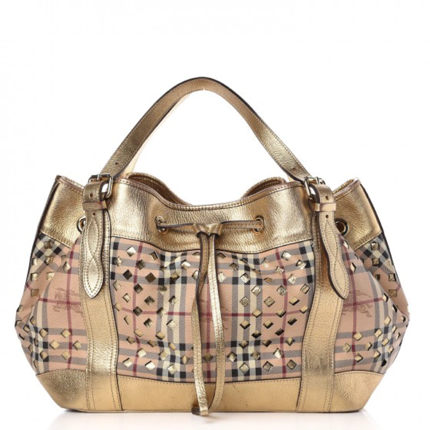 Burberry Haymarket Laser cut Plaid Drawstring Bag Gold