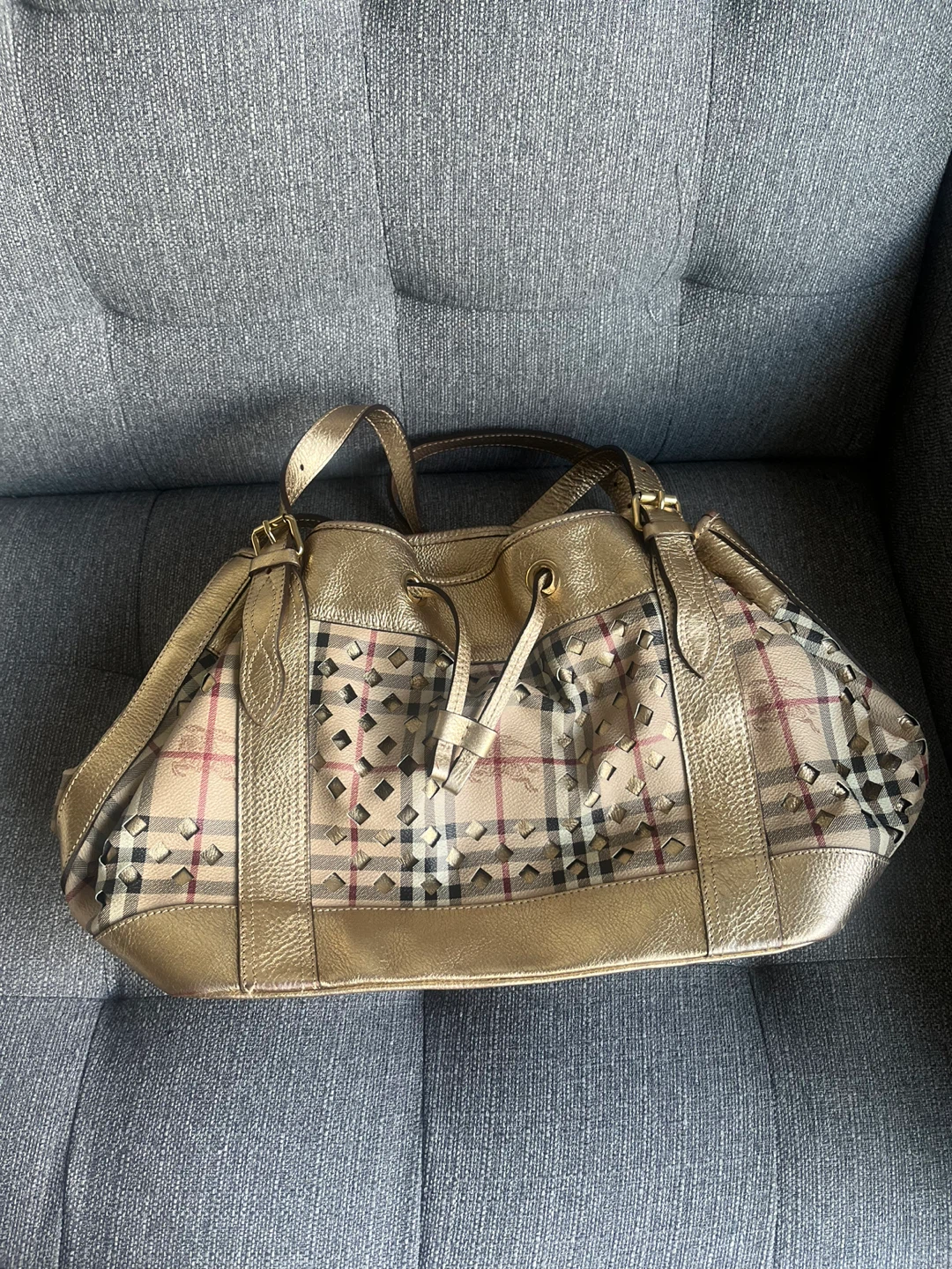 Burberry Haymarket Laser cut Plaid Drawstring Bag Gold - photo 2