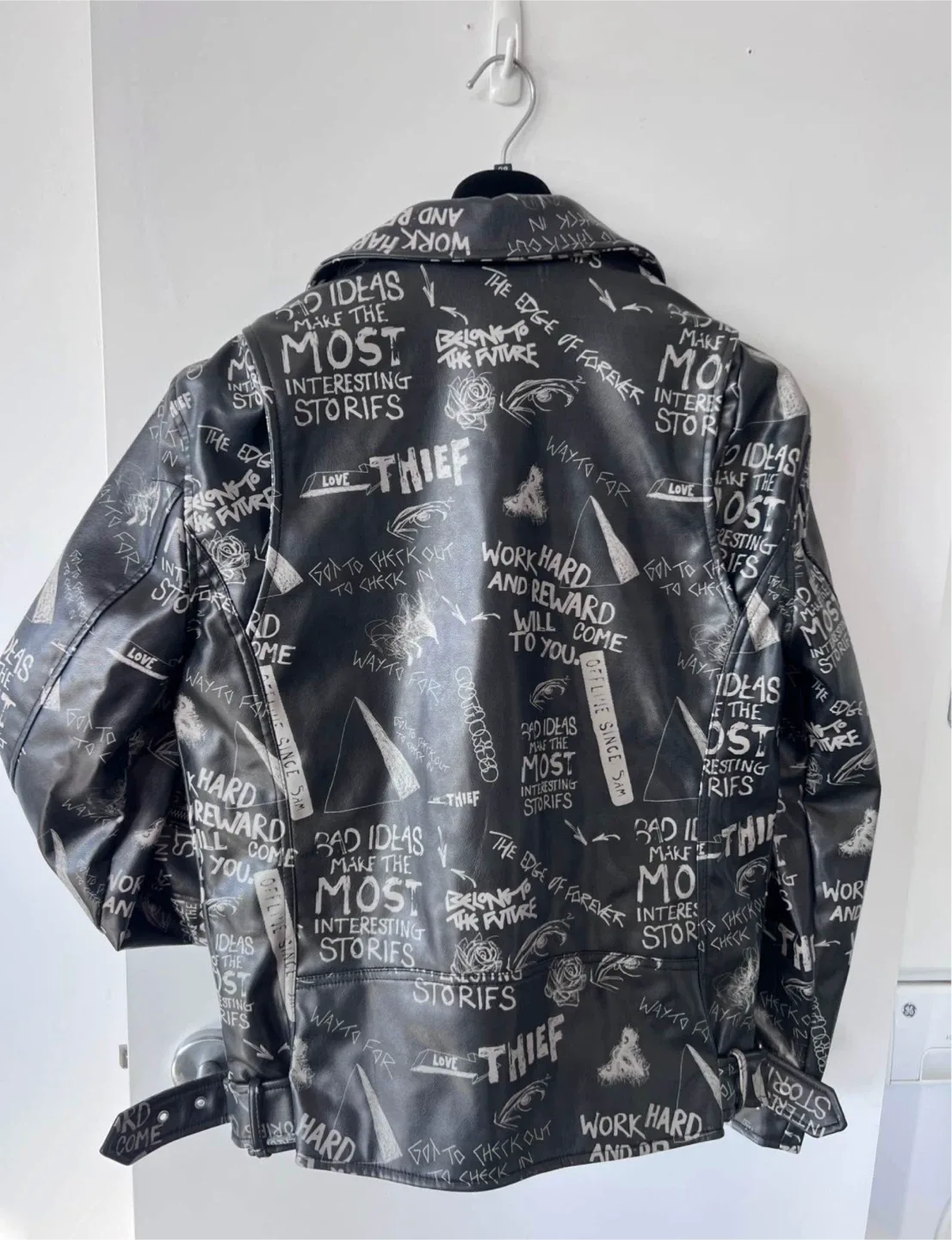 Zara Black Graffiti Print Faux Leather Jacket - Size L image indicator(3)