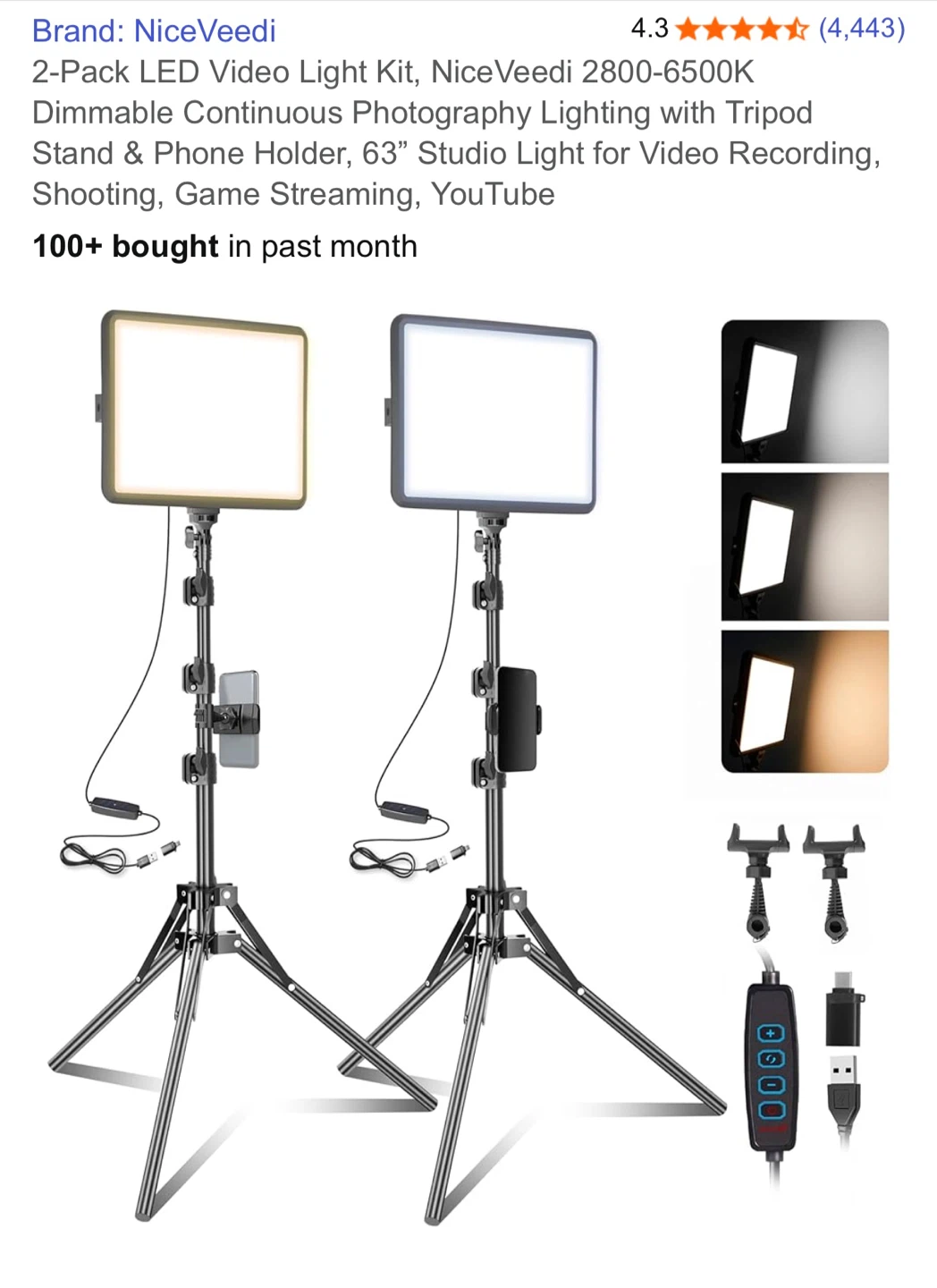 NiceVeedi 2-Pack Video Light Kit w/Tripod