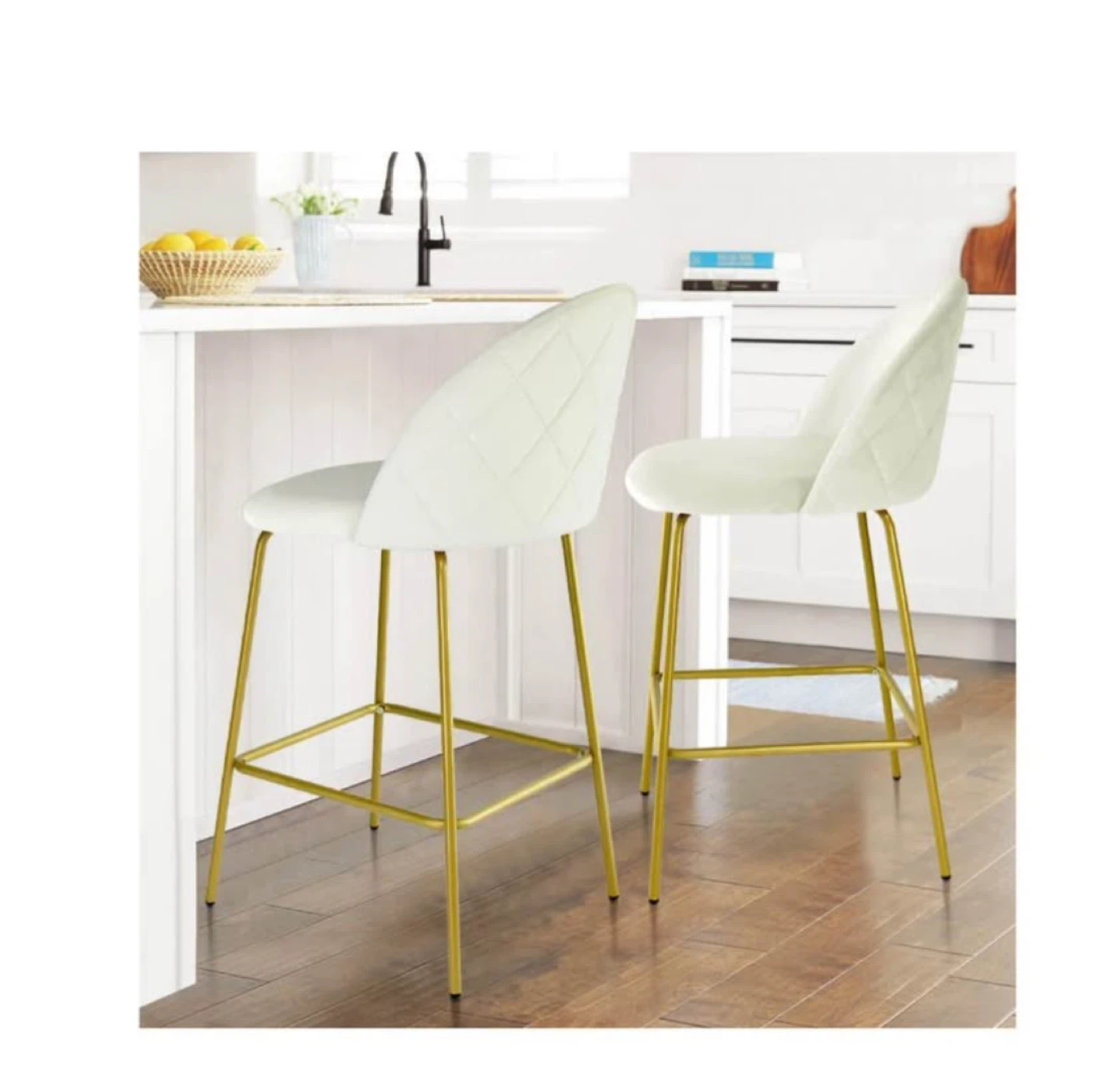 Ivory Velvet Bar Stools with Gold Legs