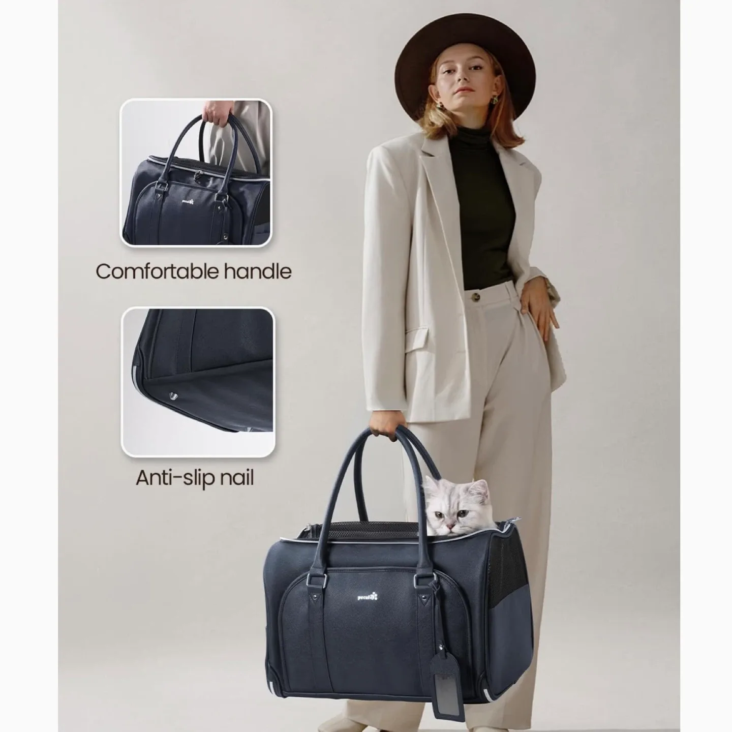 Pecute Faux Leather Fabric Pet Carrier (DARK BLUE) image indicator(4)