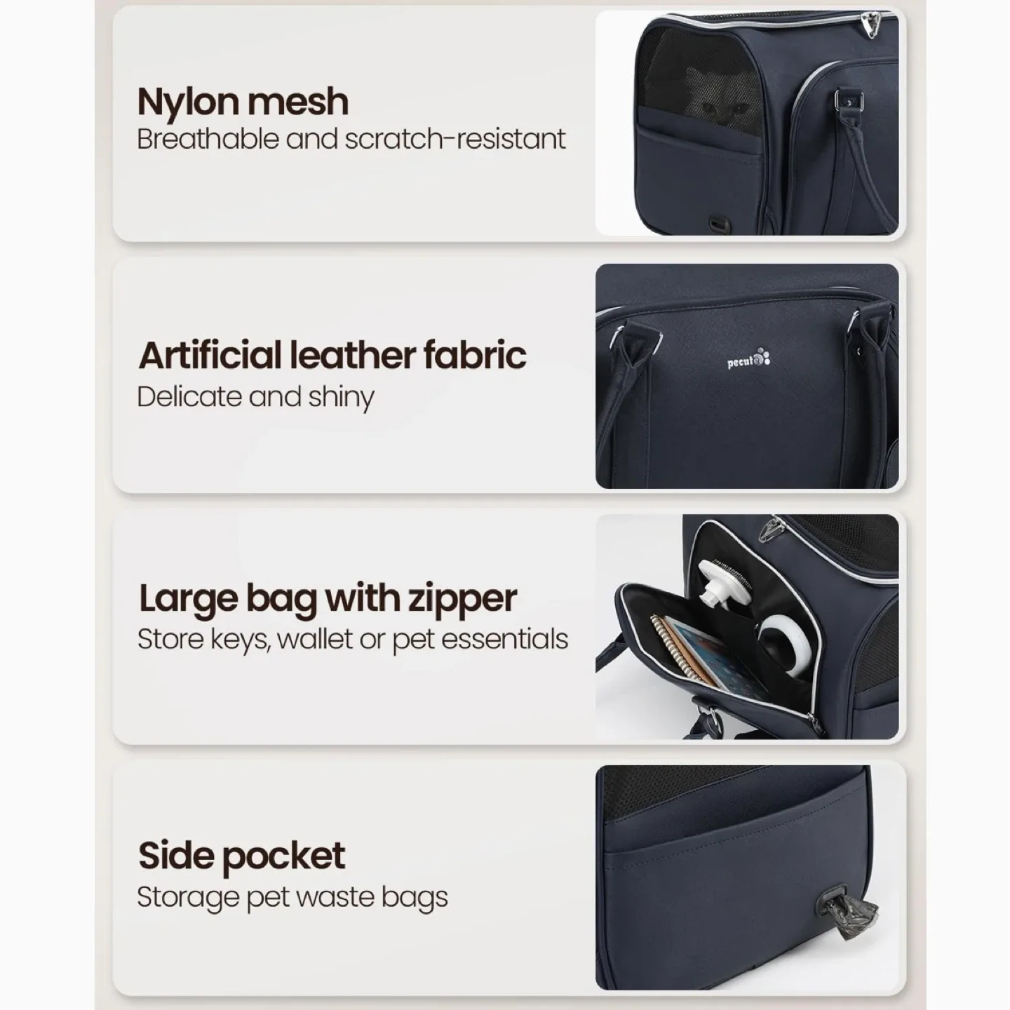 Pecute Faux Leather Fabric Pet Carrier (DARK BLUE) image indicator(5)