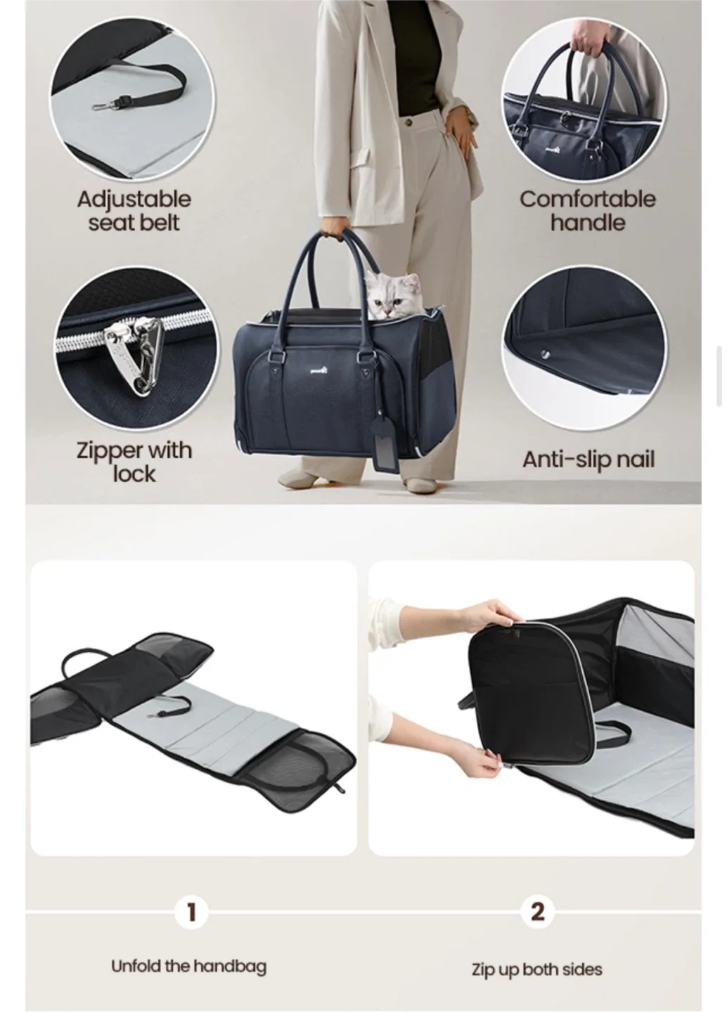 Pecute Faux Leather Fabric Pet Carrier (DARK BLUE) image indicator(8)