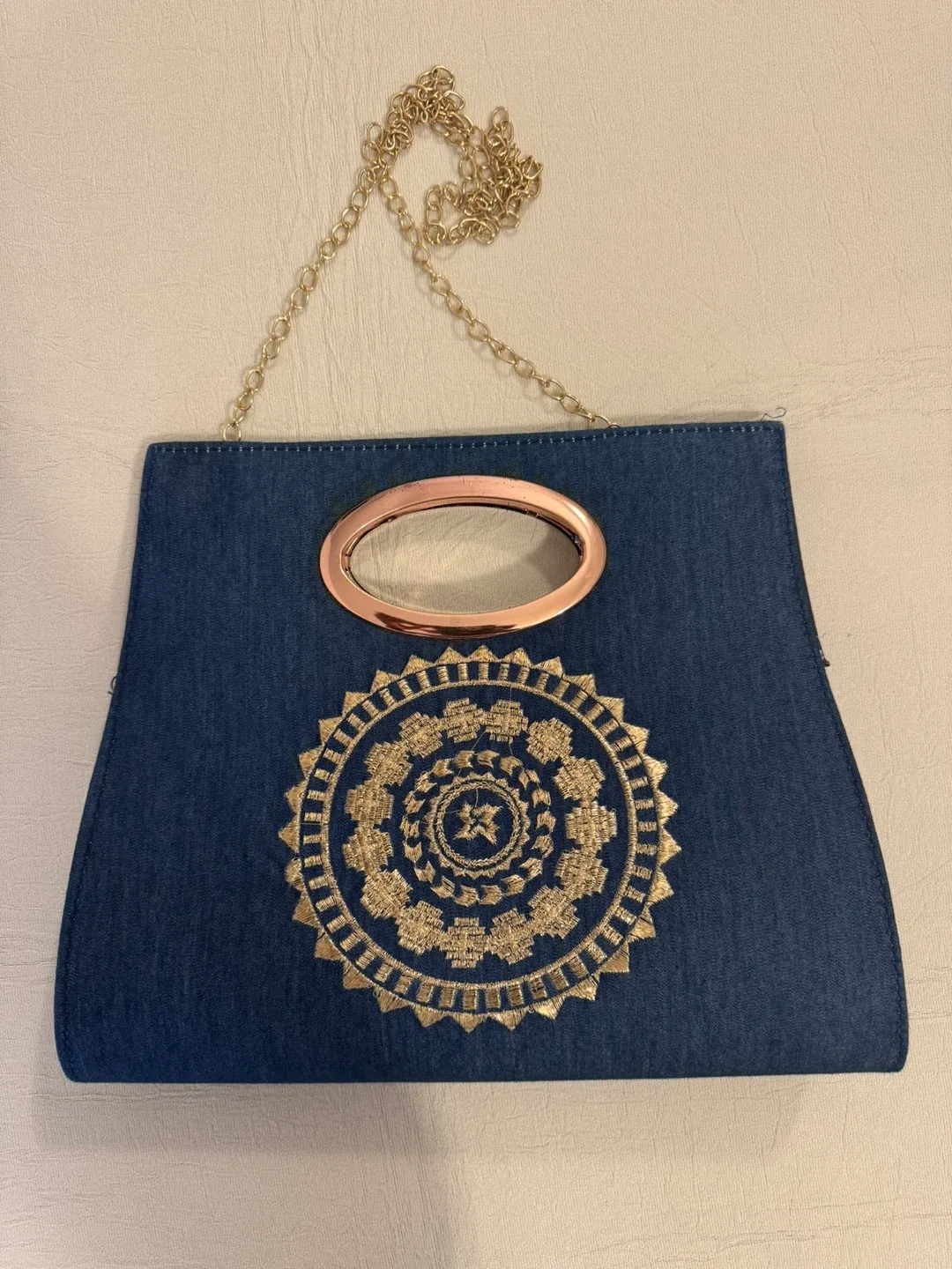 🥕Blue Denim Clutch Gold Mandala Embroidery & Rose Gold Handle🥕 thumbnail