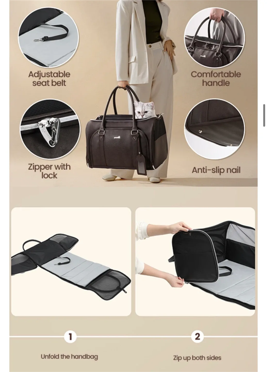 Pecute Faux Leather Fabric Pet Carrier (DARK BROW) image indicator(3)