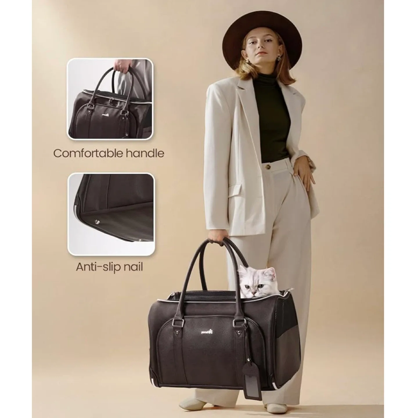 Pecute Faux Leather Fabric Pet Carrier (DARK BROW) image indicator(6)