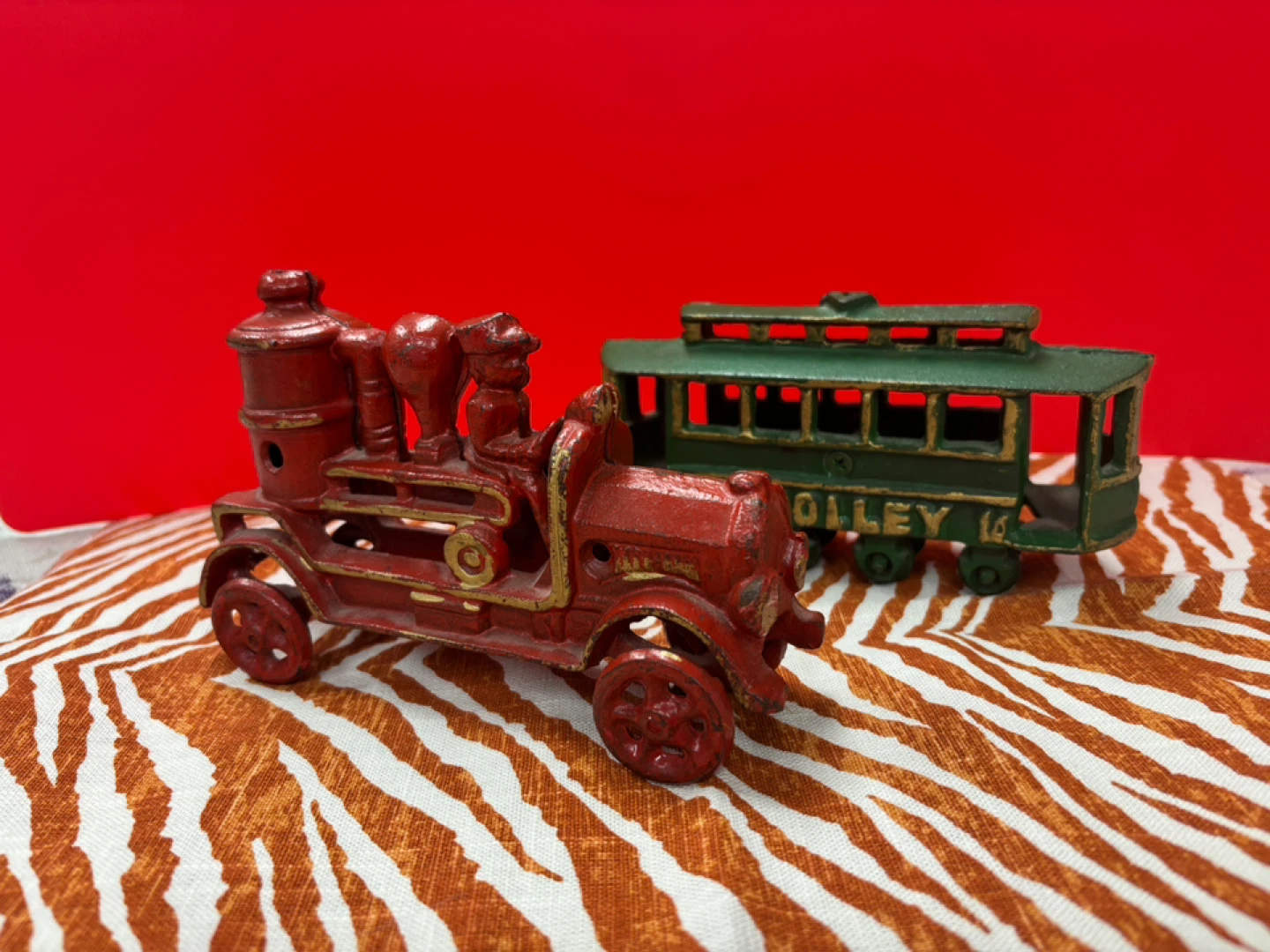 Vintage Cast Iron Toy Trolley & Fire Truck