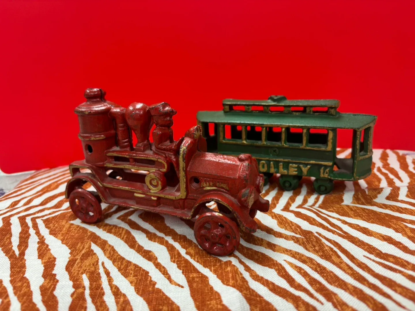 Vintage Cast Iron Toy Trolley & Fire Truck thumbnail