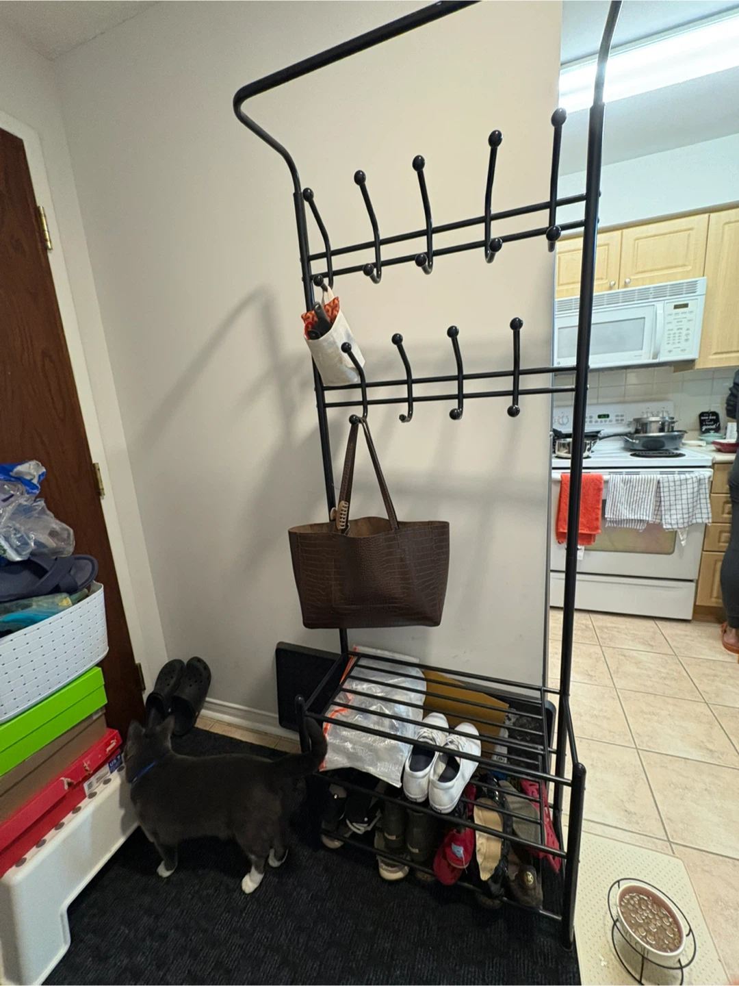 Black Metal Coat Rack with Shoe Storage - photo 2
