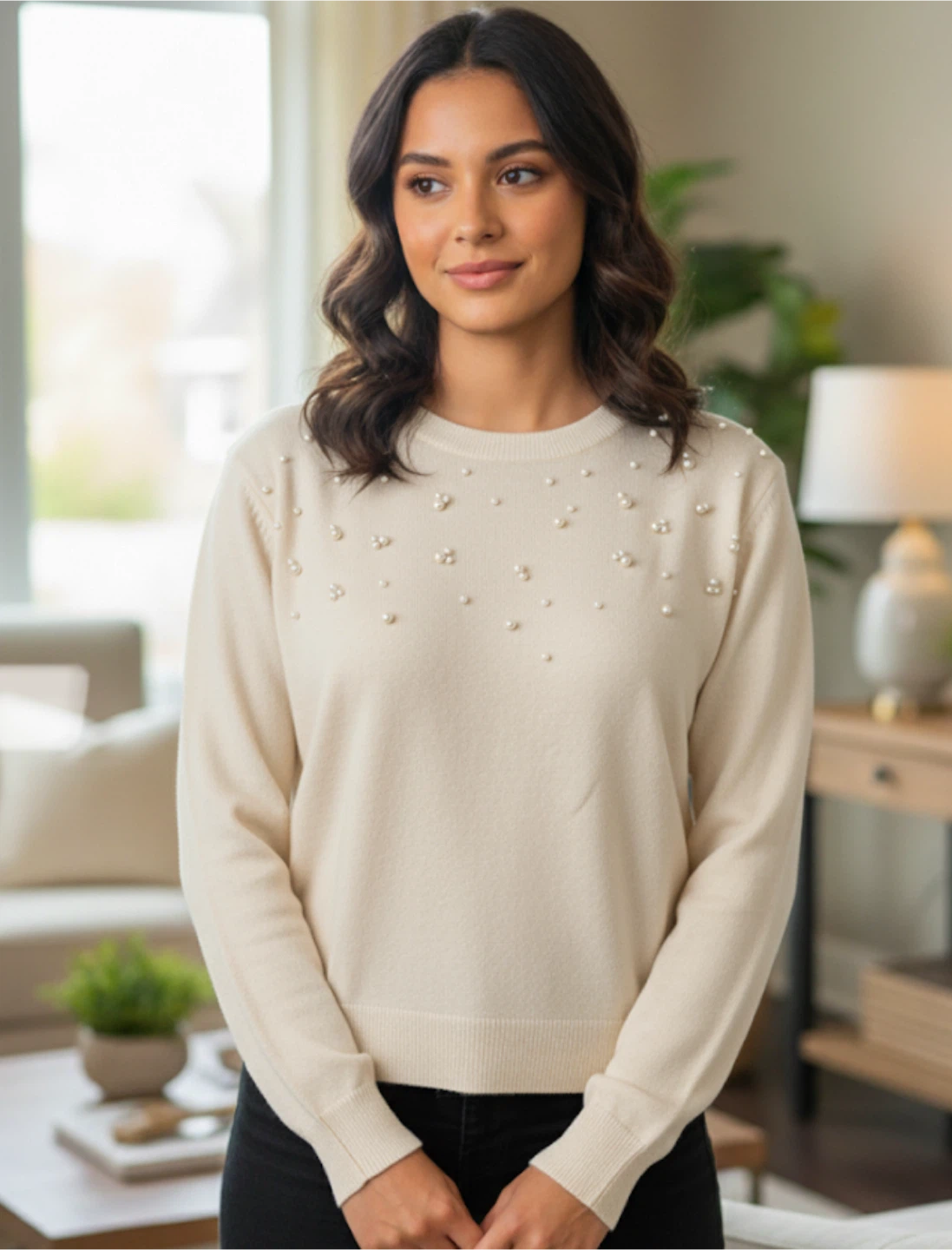 Joe Fresh Cream Pearl Embellished Sweater - Size M