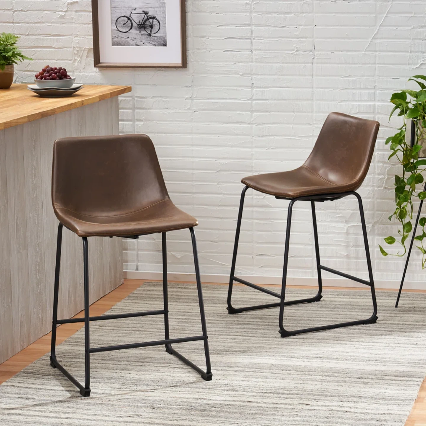 Set of 2 Brown Faux Leather Bar Stools - photo 2