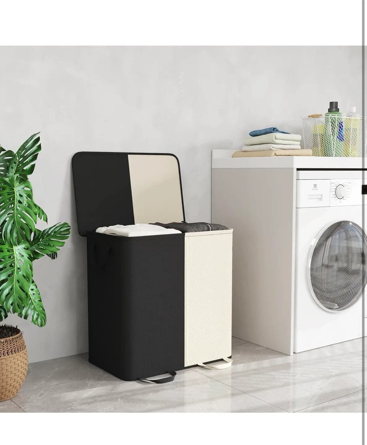 136L Divided Laundry Hamper with Lid - Black & Beige image indicator(2)