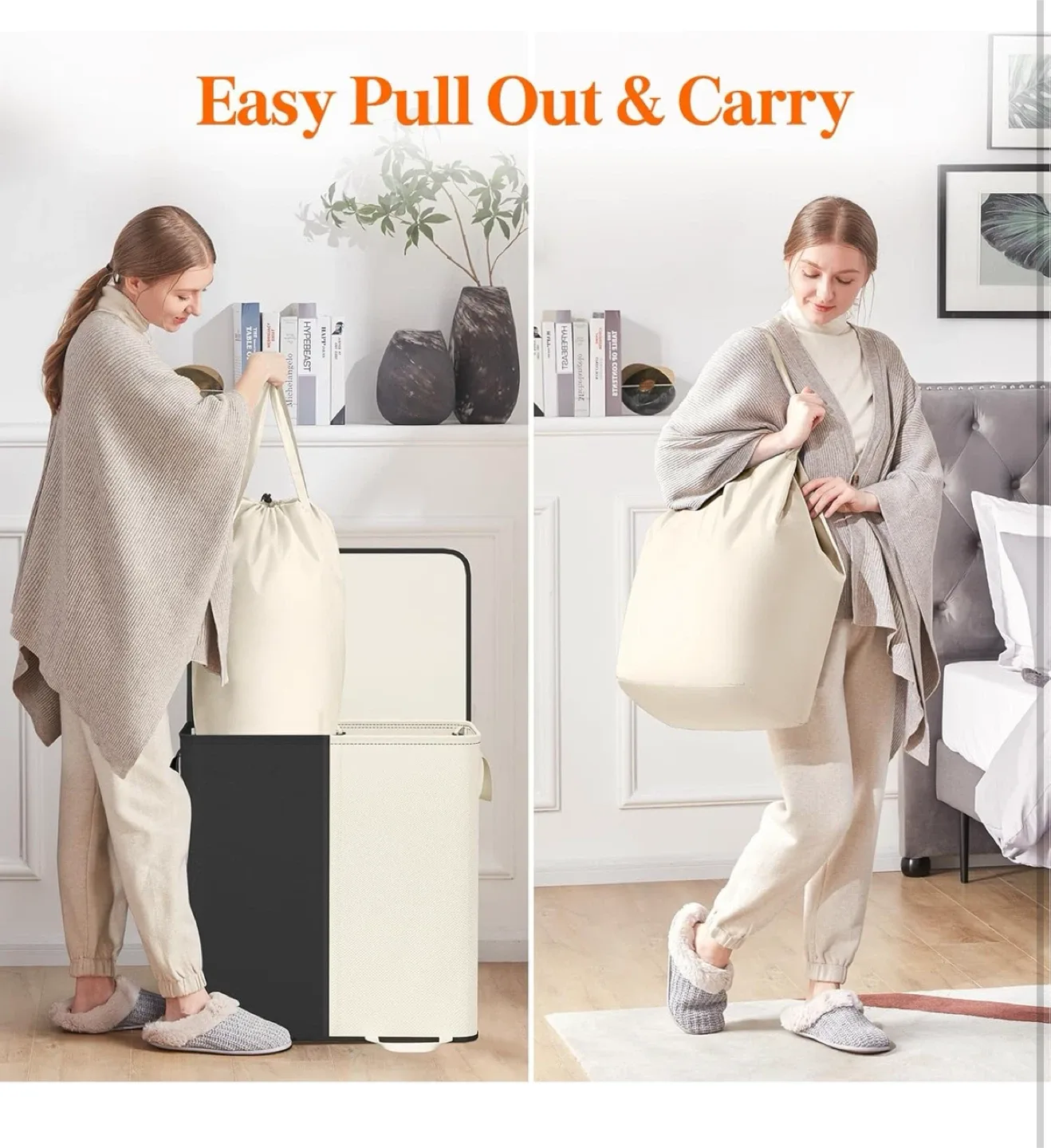 136L Divided Laundry Hamper with Lid - Black & Beige image indicator(5)