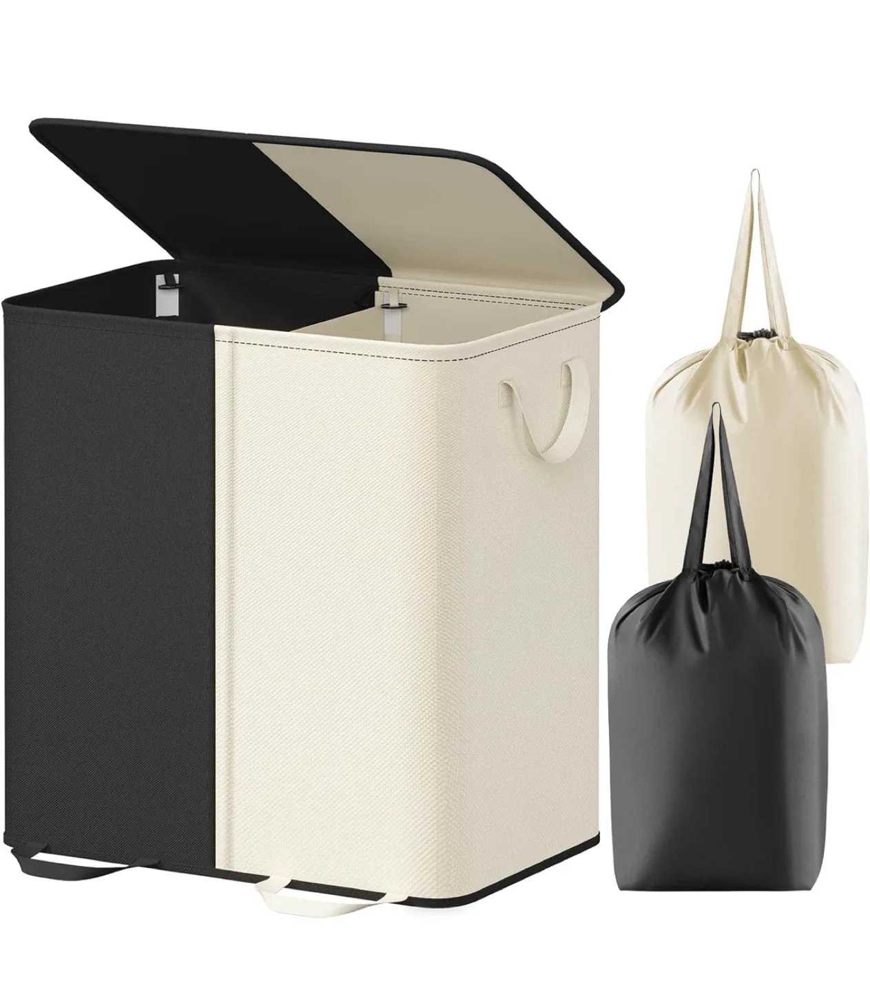 136L Divided Laundry Hamper with Lid - Black & Beige image indicator(3)