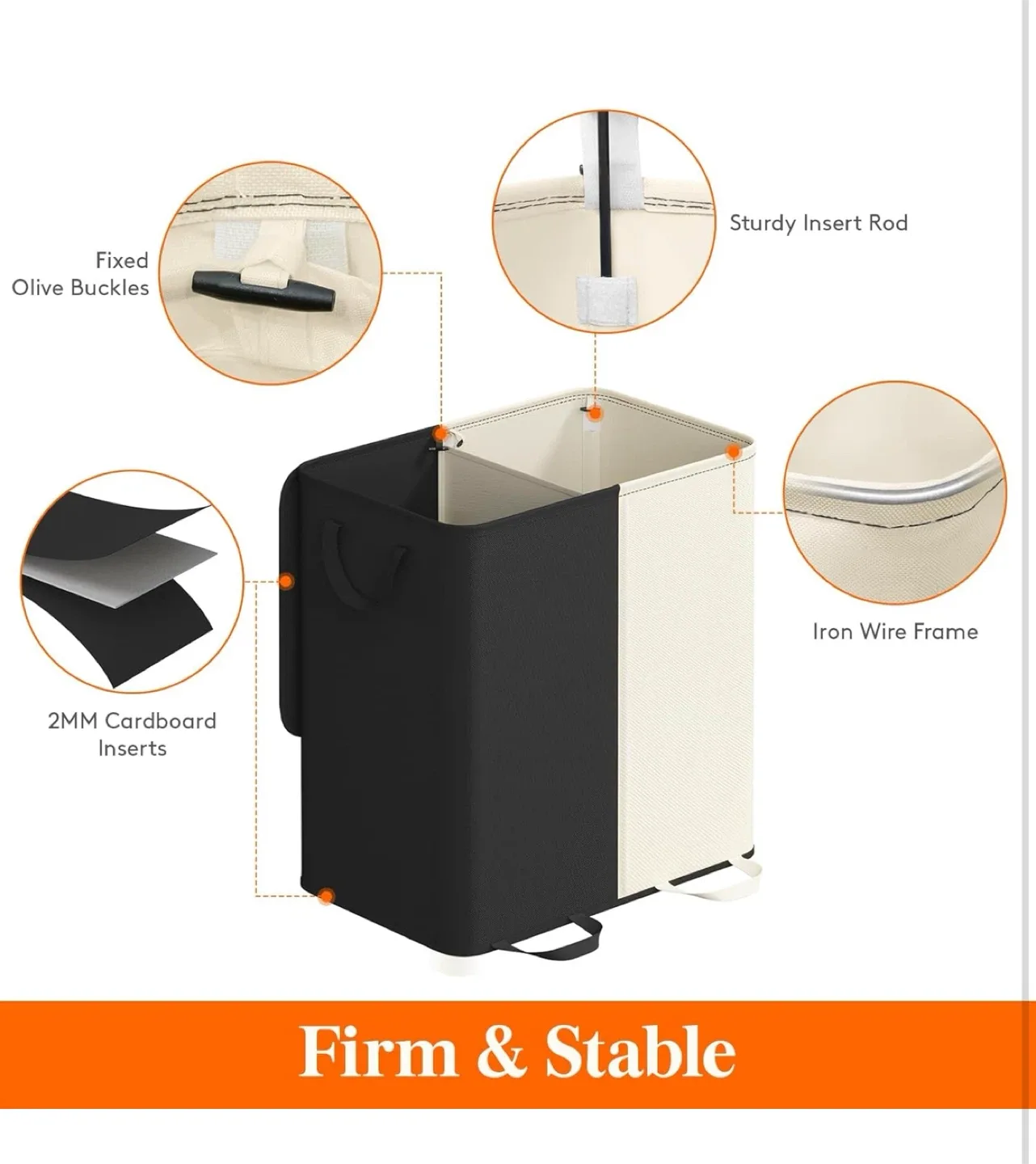 136L Divided Laundry Hamper with Lid - Black & Beige image indicator(4)