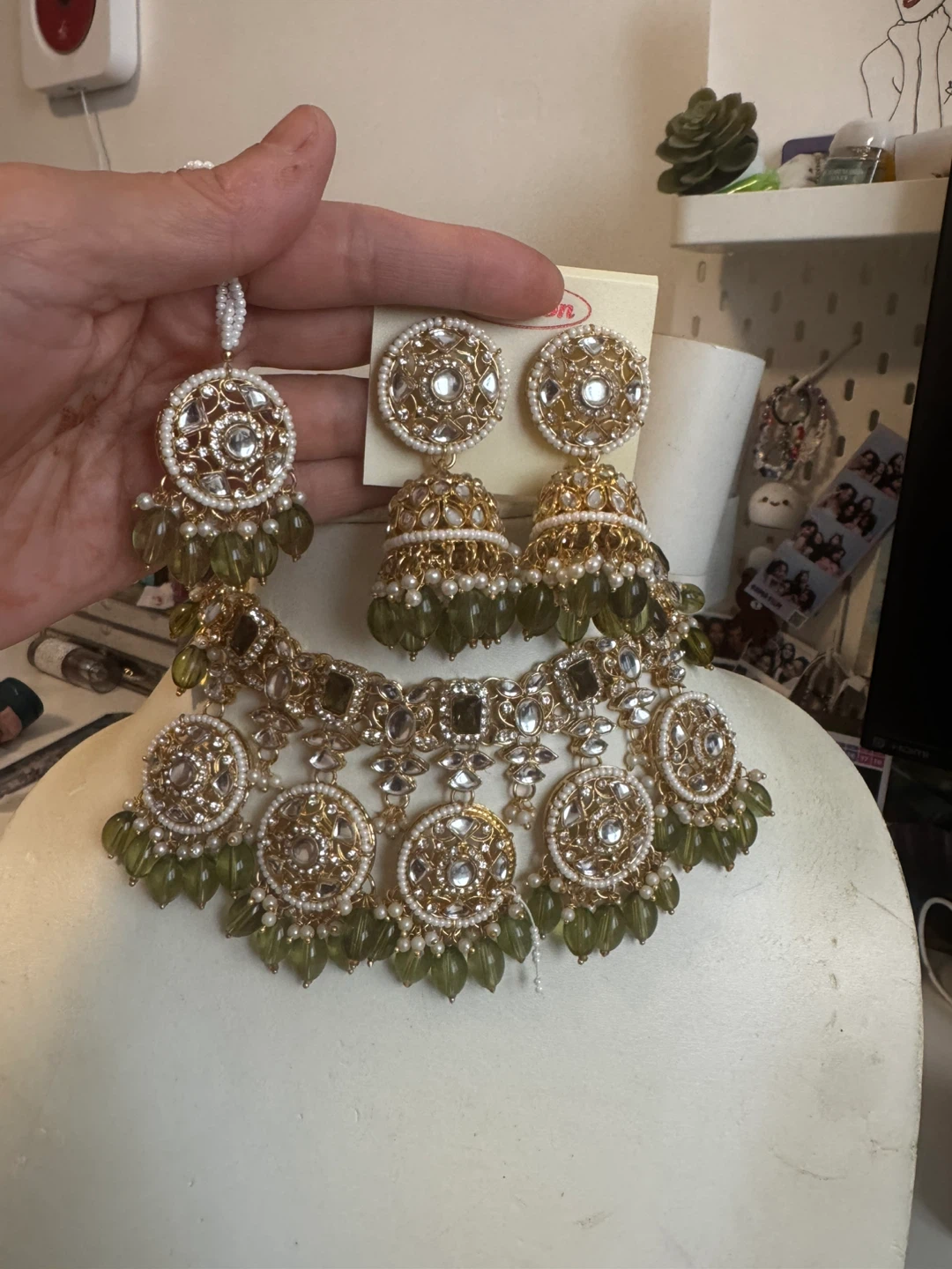 Necklace and Earring Set - Green & Gold