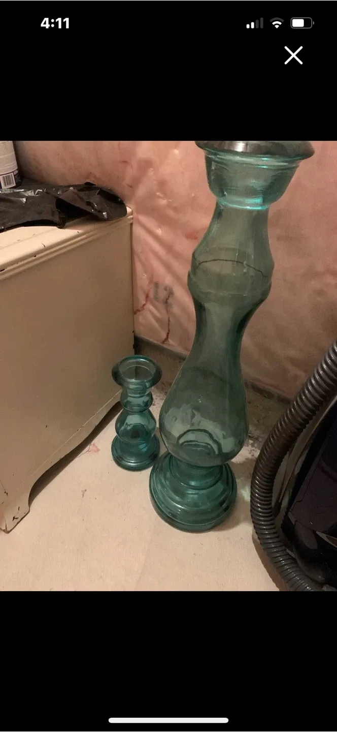 Teal Glass Candle Holders - Set of 2 thumbnail