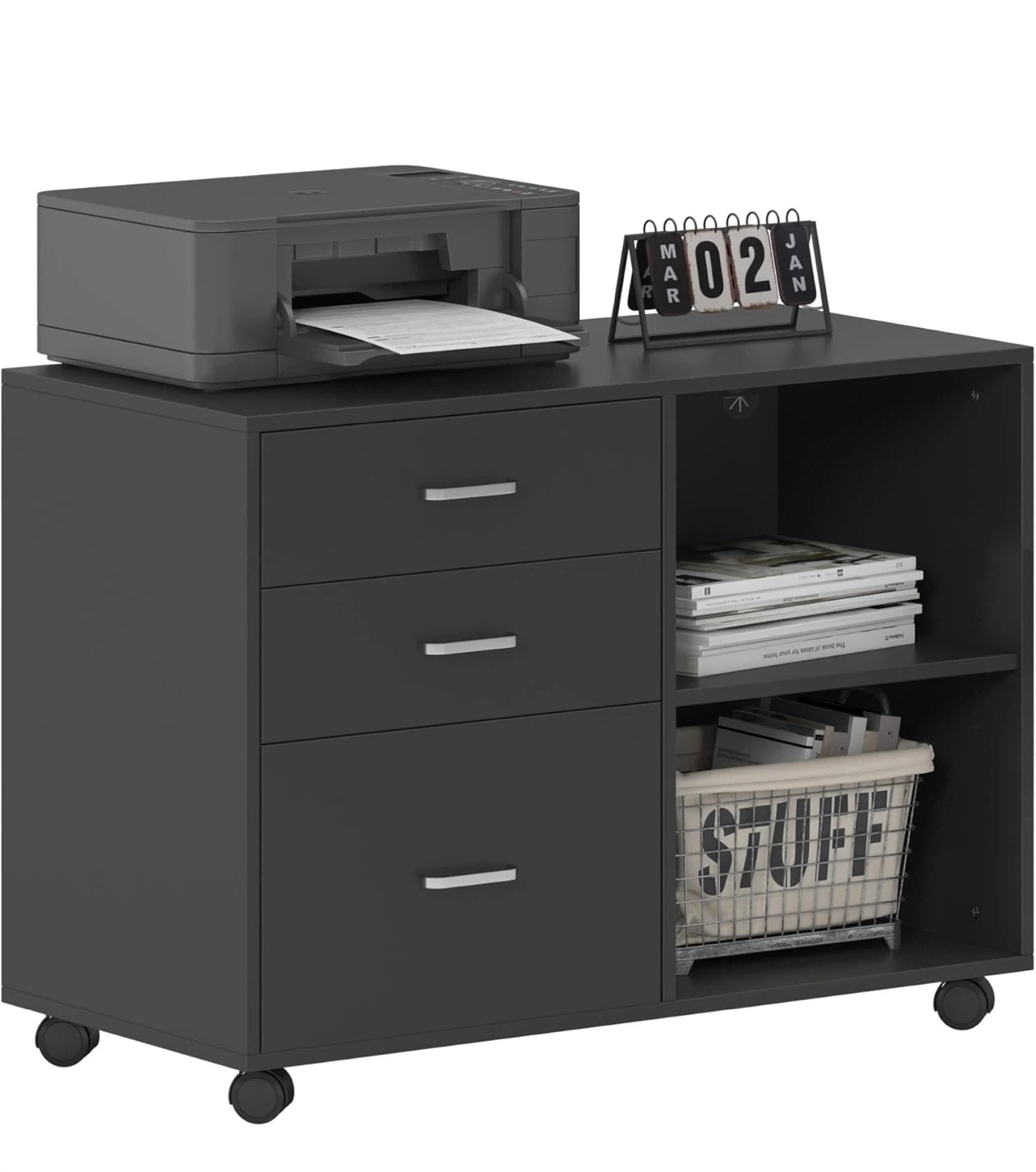 Black File Cabinet with 3 Drawers & Open Storage