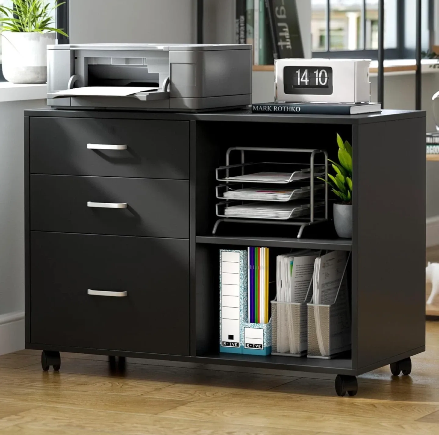Black File Cabinet with 3 Drawers & Open Storage image indicator(5)