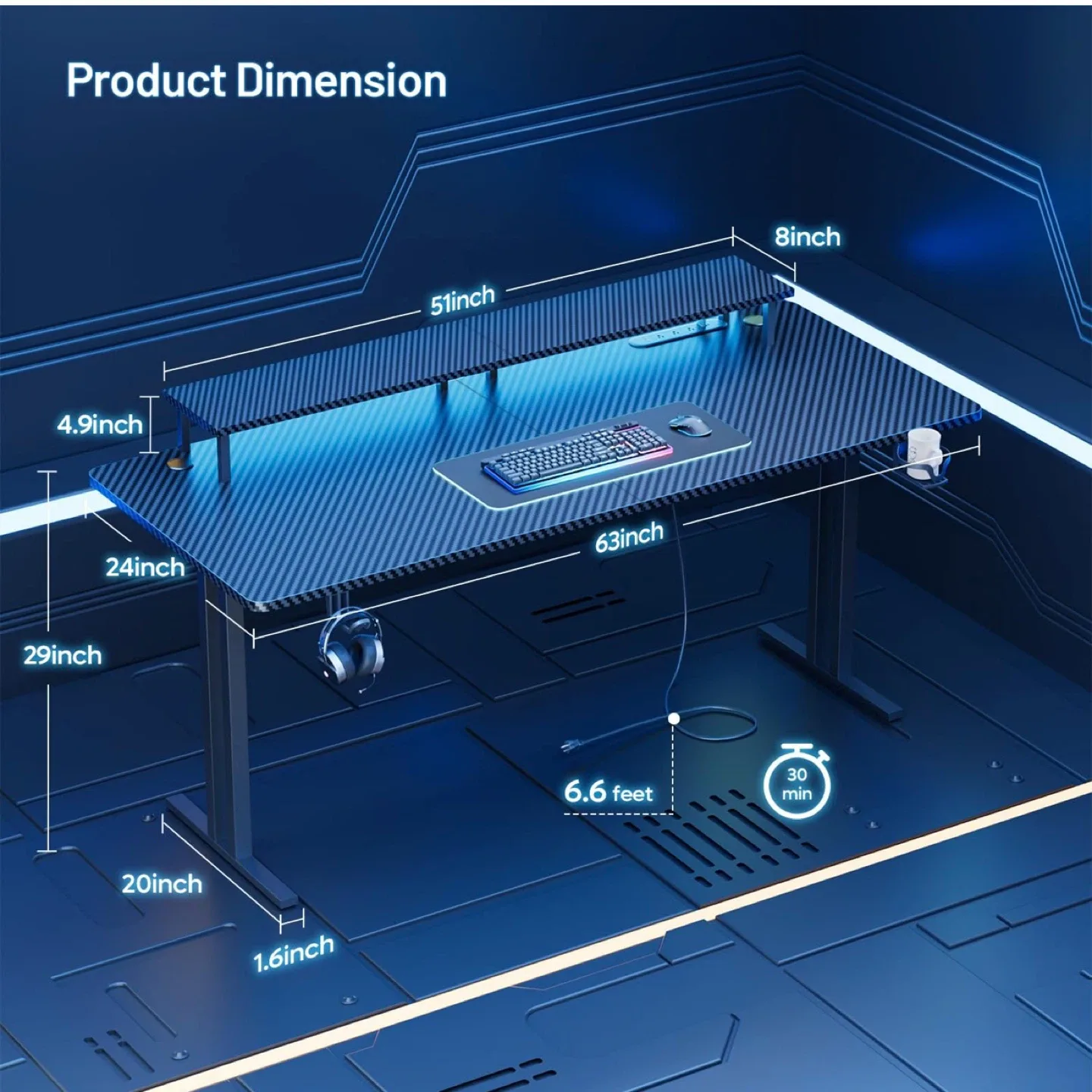 HLDIRECT 63 Inch Gaming Desk with LED Lights & Power Outlet image indicator(3)