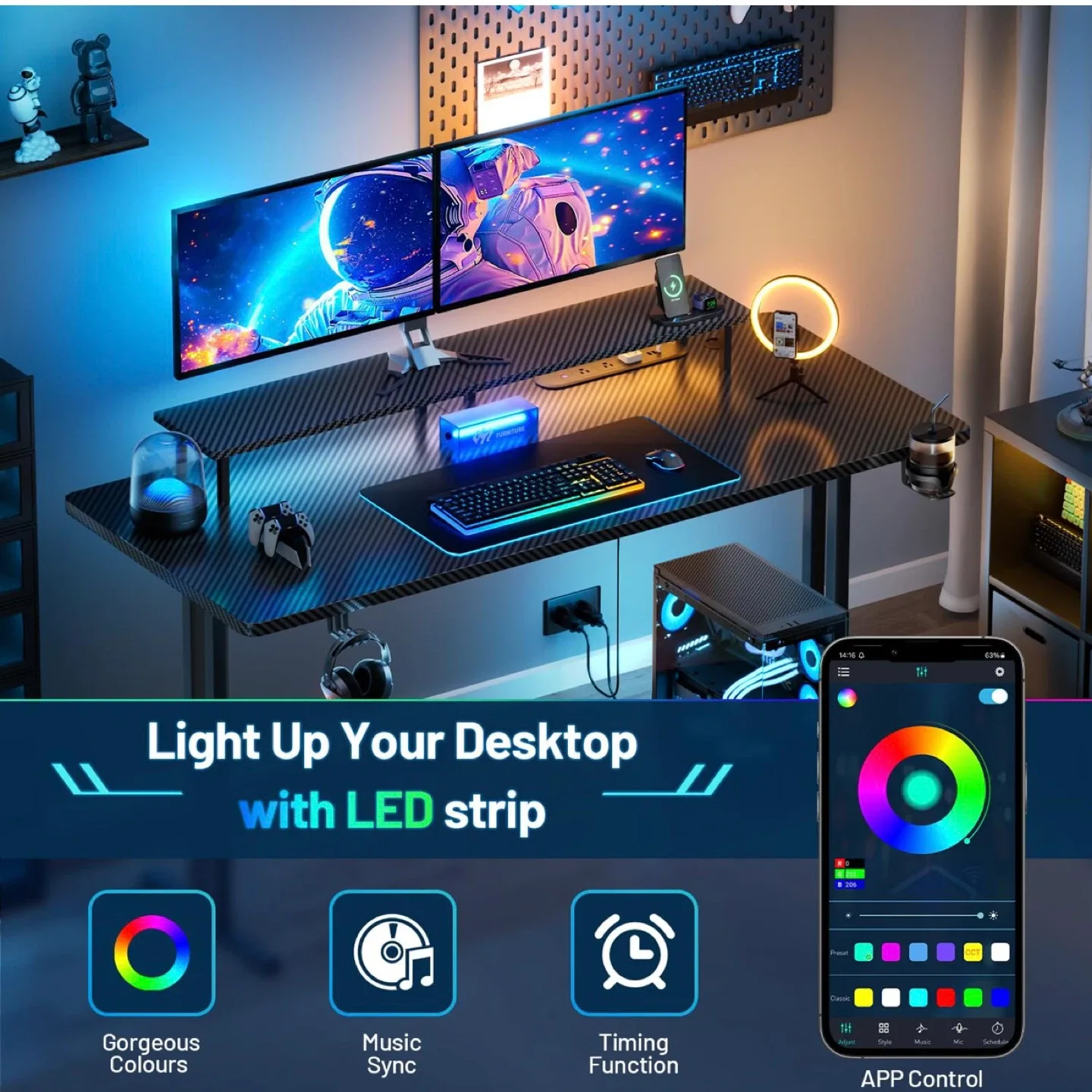 HLDIRECT 63 Inch Gaming Desk with LED Lights & Power Outlet image indicator(5)