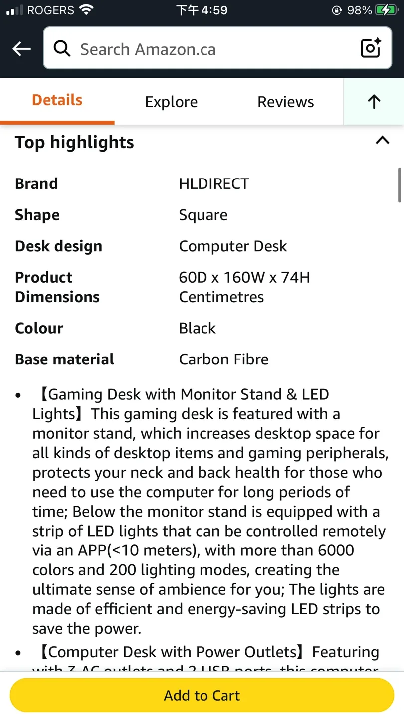 HLDIRECT 63 Inch Gaming Desk with LED Lights & Power Outlet image indicator(9)