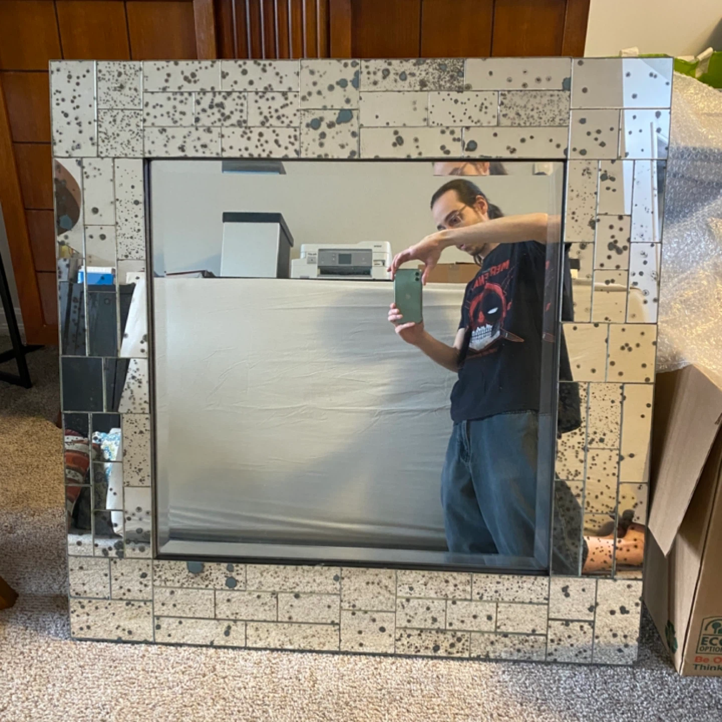 Large Square Mirror with Distressed Tile Frame