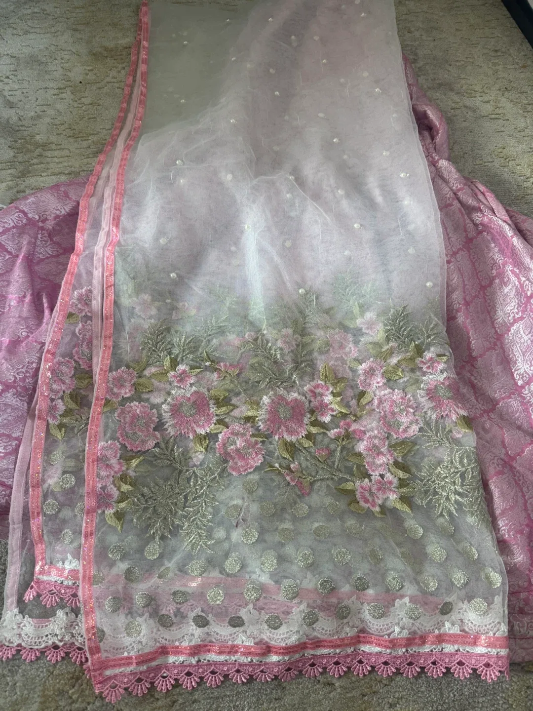 3pcs Pink Embroidered gharara Pakistani Suit image indicator(6)