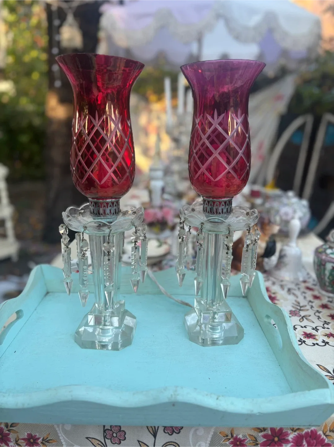 Pair of Vintage cranberry glass and crystal lamps mantle image indicator(2)
