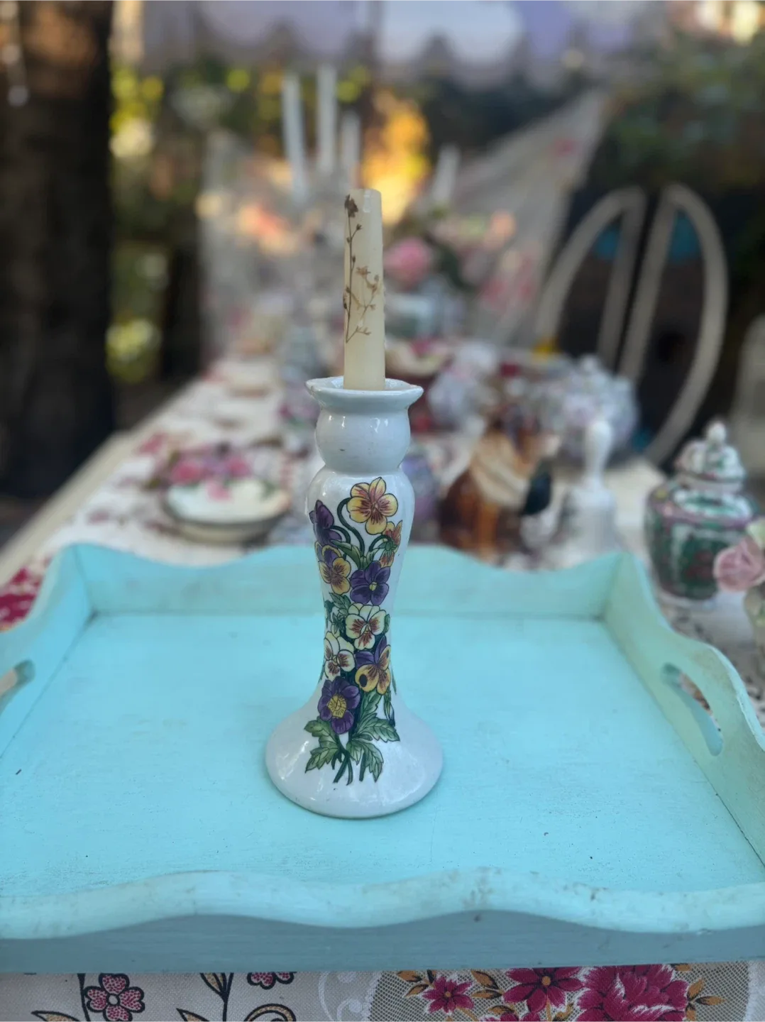 Vintage Floral Candle Holder hand painted image indicator(2)