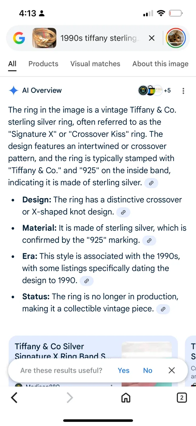Tiffany & Co. Sterling Silver Crossover Kiss Ring 1990 - Size 5 image indicator(3)